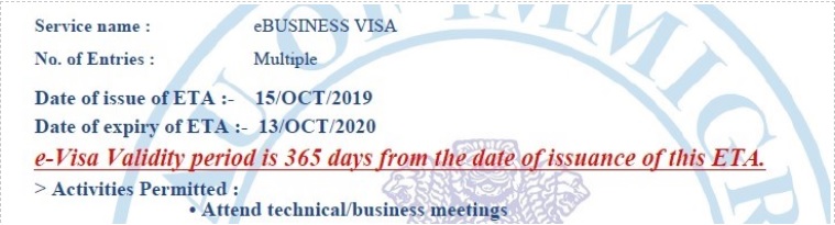 Validez de visa de negocios